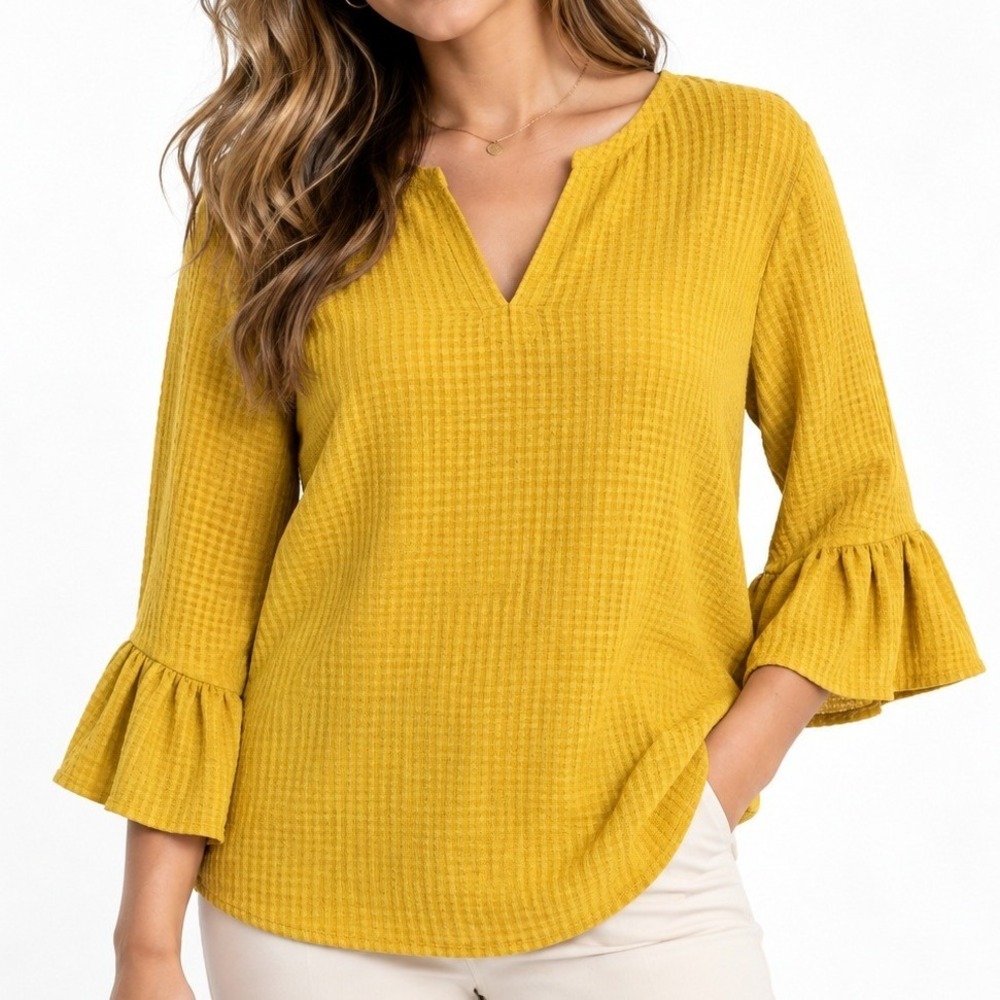 Ann Taylor Factory Mustard Yellow Ruffle Sleeve Textured V-Neck Blouse Size L